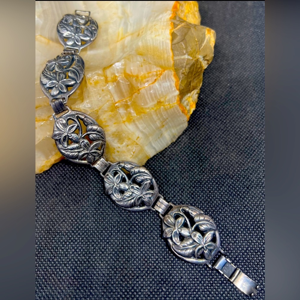 Vintage Designer Danecraft Floral Panels Sterling Silver Bracelet